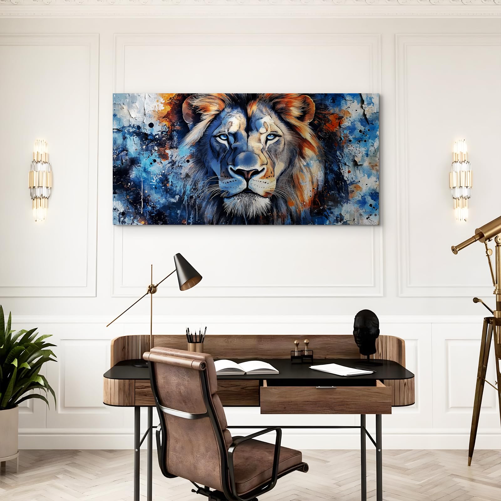 hyidecorart Quadri Moderni Soggiorno Grandi 73x146 cm XXL, Quadro Camera da Letto Su Tela, Stampe da Parete Sguardo Selvaggio di un Leone, Animale Decorazioni Parete Sala Da Pranzo Bagno Ufficio