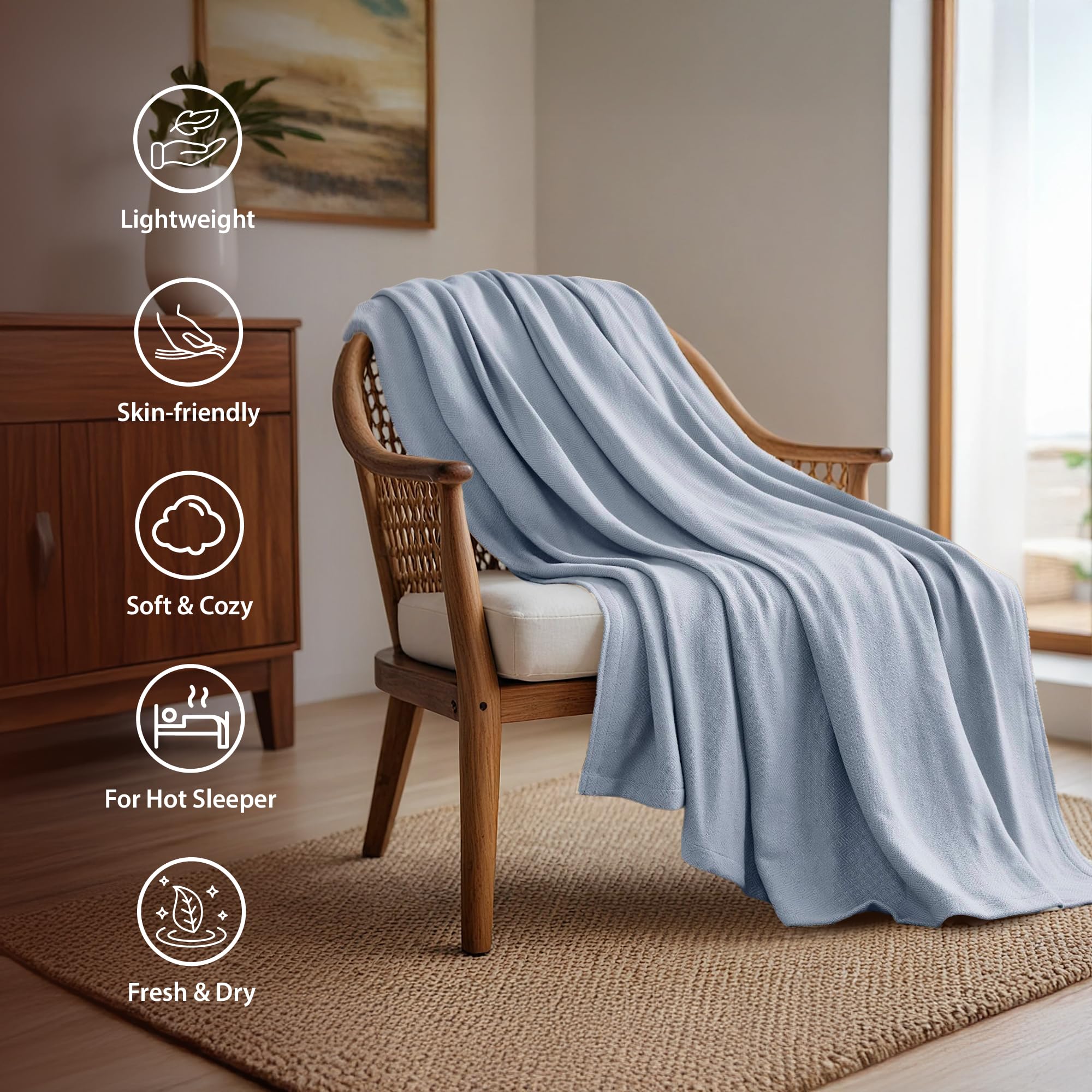 Manta de algodón refrescante tamaño Queen, manta de verano transpirable de rayón derivado de bambú y algodón, manta suave y ligera para cama, sofá y sofá, 90 x 90 pulgadas, azul claro