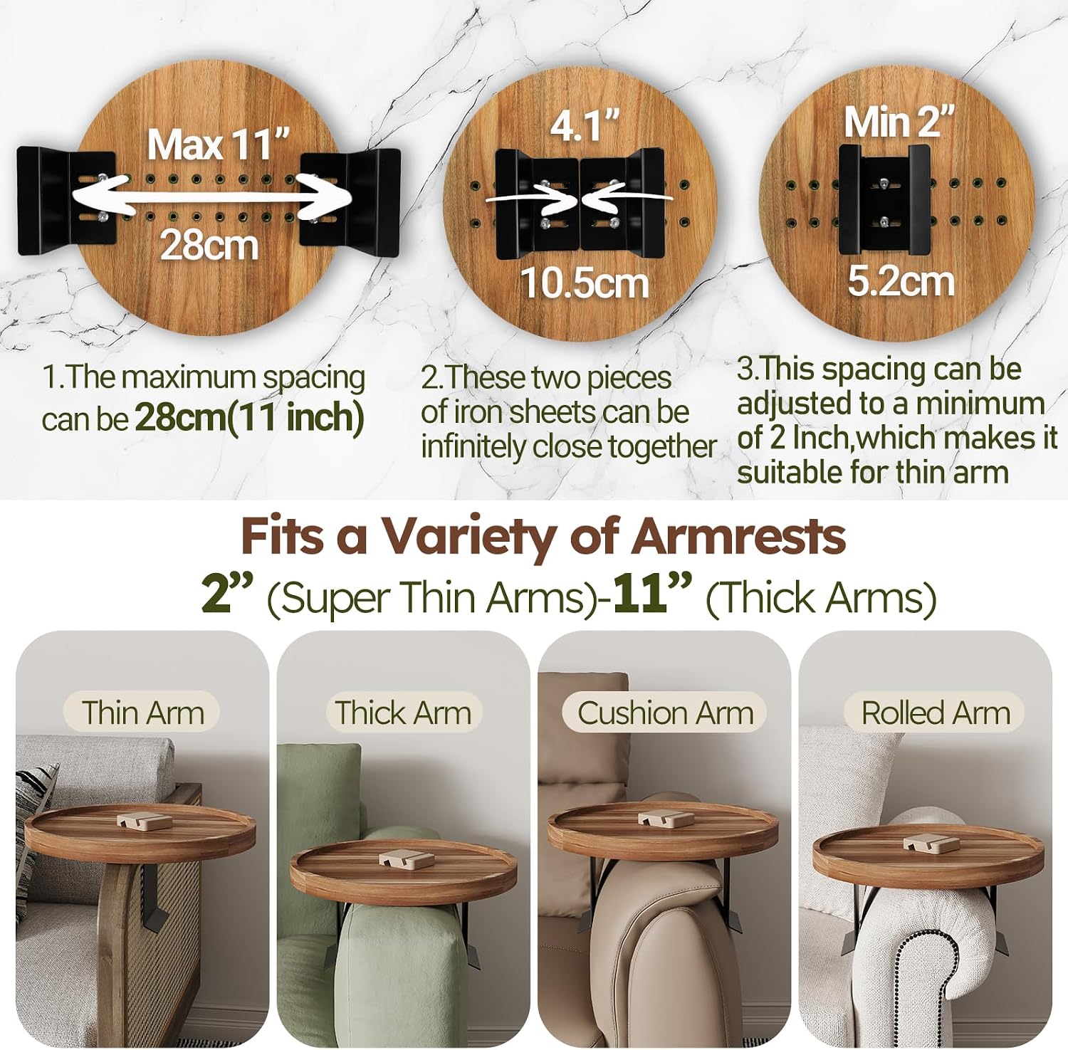 Acacia Wood Couch Arm Tray Table,Anti-Slip Adjustable Round Sofa Arm Tray,Wooden Armrest Caddy Table for Couches,Arm Chair Companion for Drinks Cellphone TV Remote Snacks