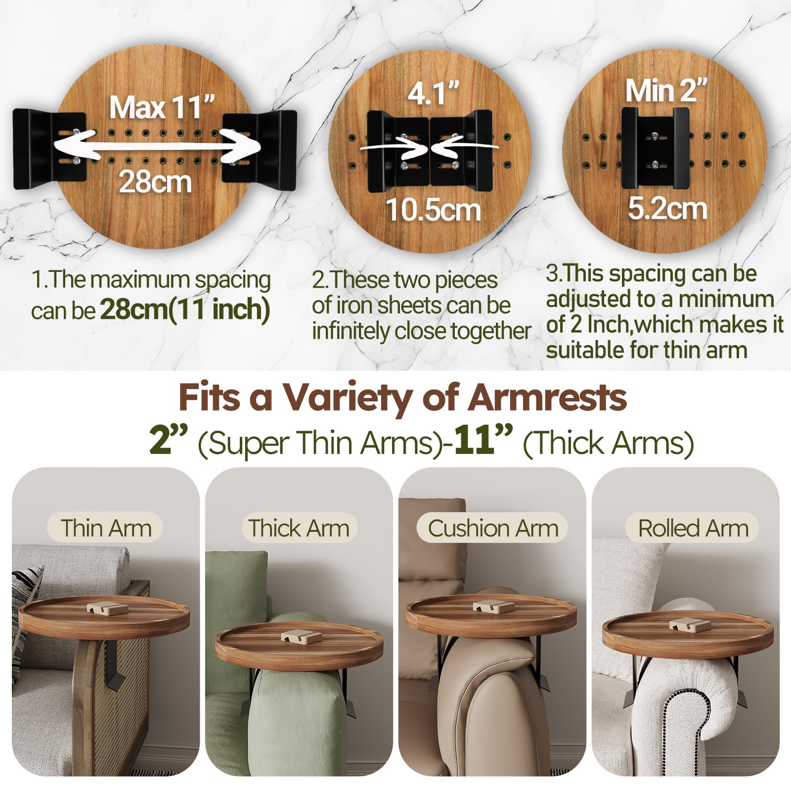 Sofa-Armlehnentablett aus Akazienholz, verstellbar, rund, Armlehnentablett, Holzstuhl-Armlehnentablett für breite, dünne Sofas, Armlehnen, Sesseltisch zum Essen