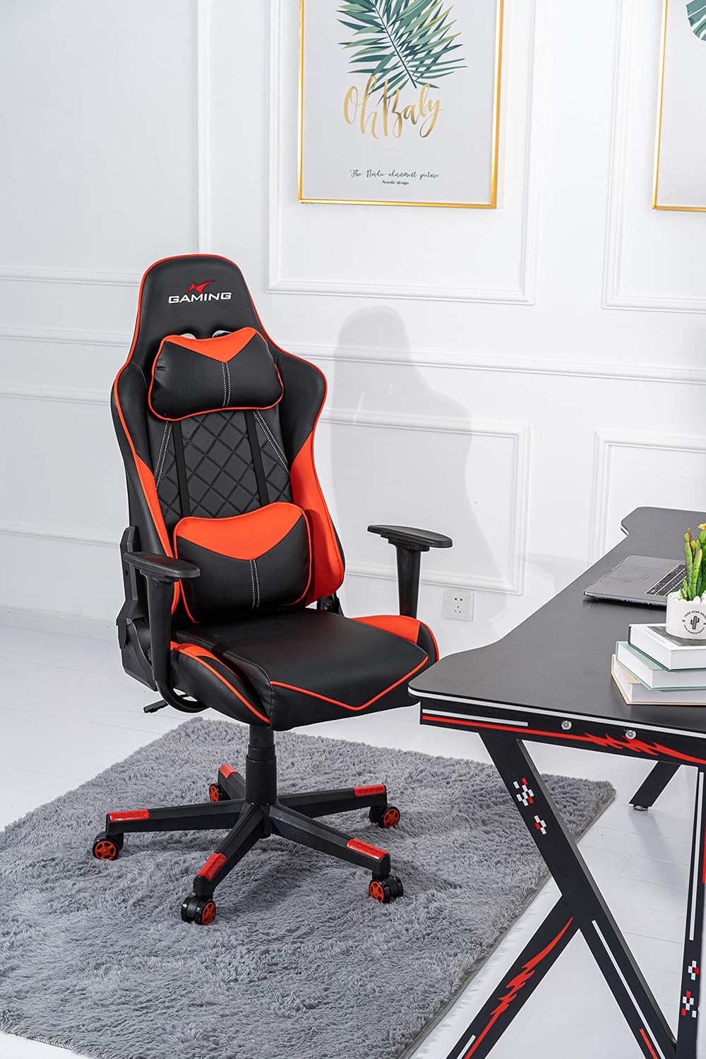 Brage Living Swivel Gaming Chair Ergonomic High-Back Racing Style PU Leather Office Chair with Headrest and Lumbar Support and Adjustable Armrest (Magellan - Black/Red)