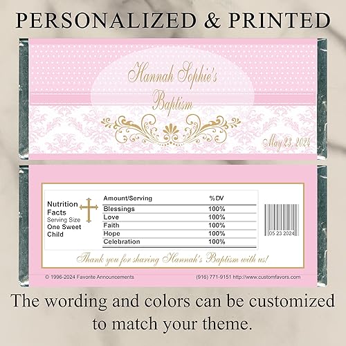 Miniatura 2 de Baptism Pink Polka Dot and Damask Candy Bar Wrappers, Personalized (Set of 12)(W728)(WR43)