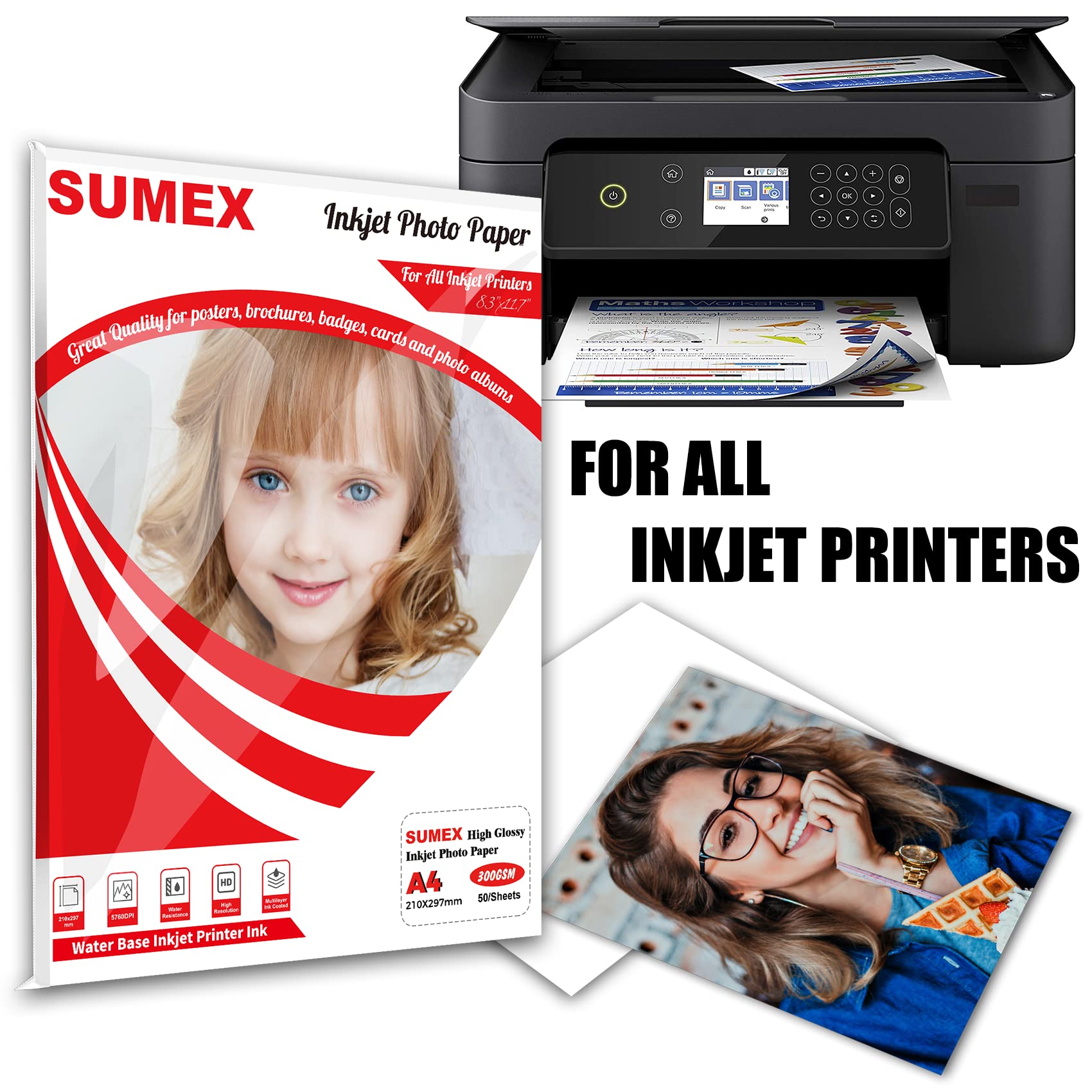 Sumex High Glossy Waterproof Inkjet Photo Paper A4x50 Size 300gsm 210 * 297mm Single Side for Dye Ink Compatiable with All Inkjet Printers - Image 3