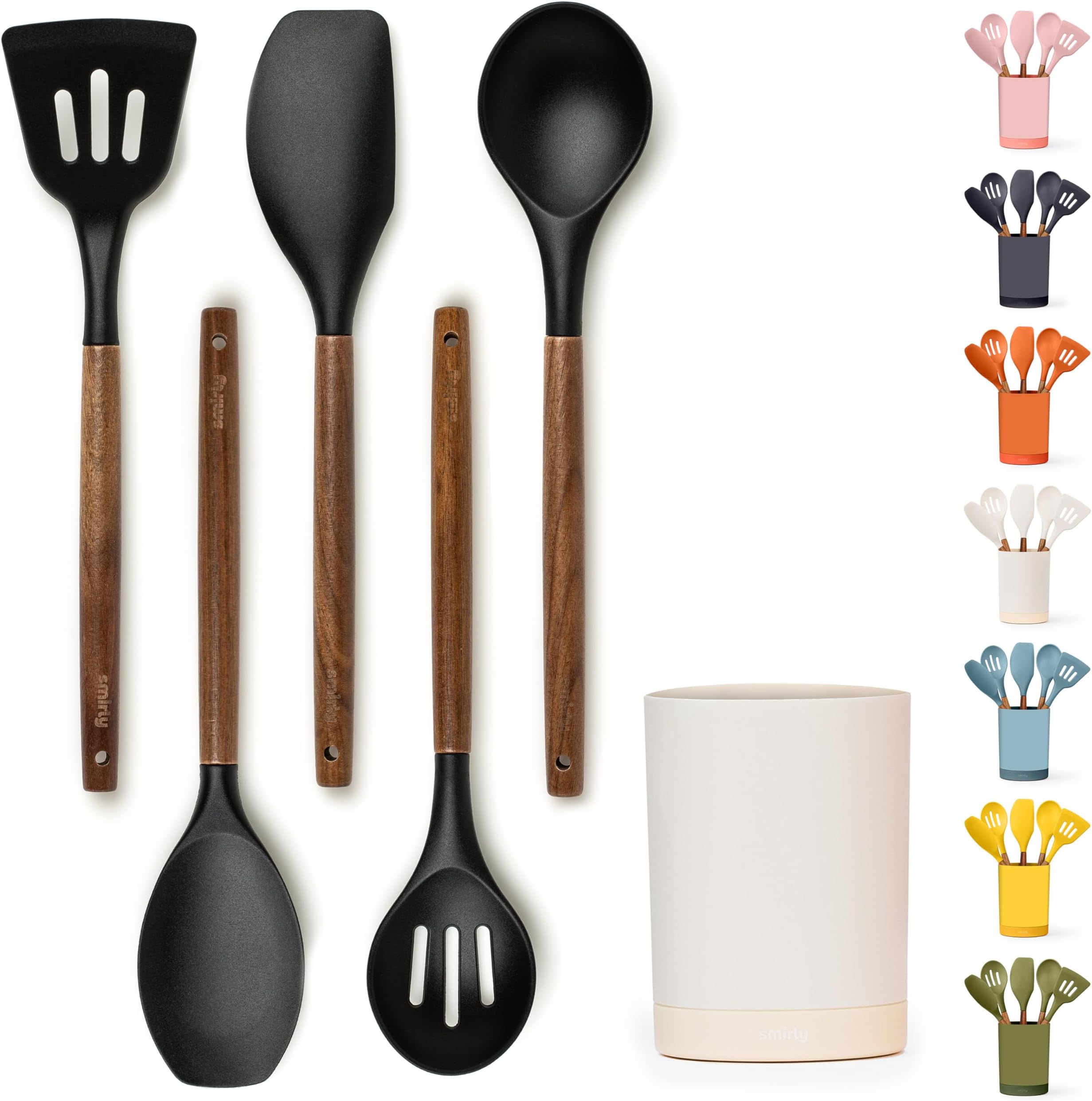 SMIRLY Silicone Kitchen Utensils Set & Holder: Cooking Utensils Set - Kitchen Essentials for New Home & 1st Apartment - Spatula Set, Cooking Spoons for Nonstick Cookware