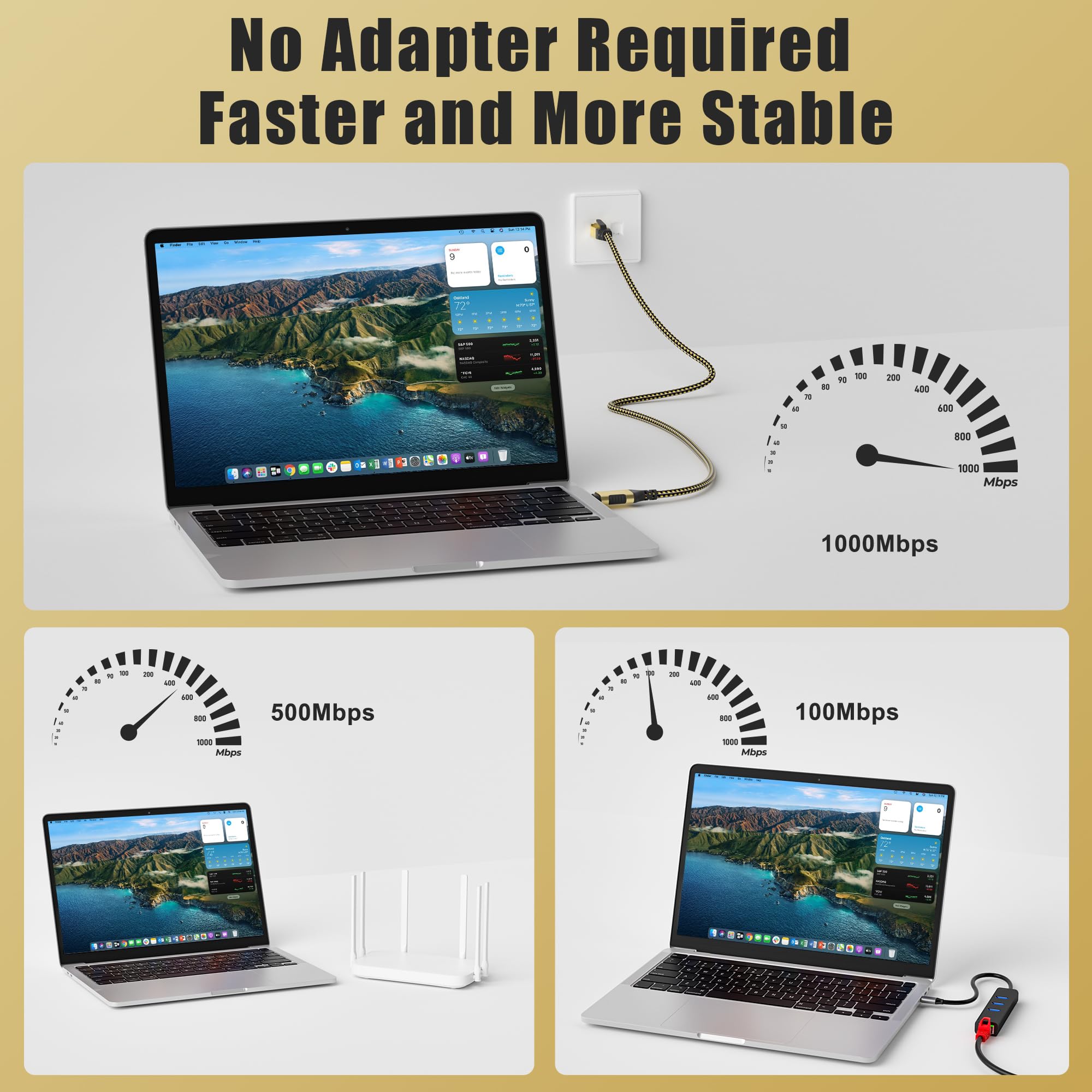 Câble adaptateur USB C vers Ethernet de 30,5 m, câble USB-C vers RJ45, plaqué or, nylon tressé, réseau LAN Gigabit vers câble USB C, pour MacBook Pro/Air, iPad Pro, iPhone 15, Galaxy S24 et plus