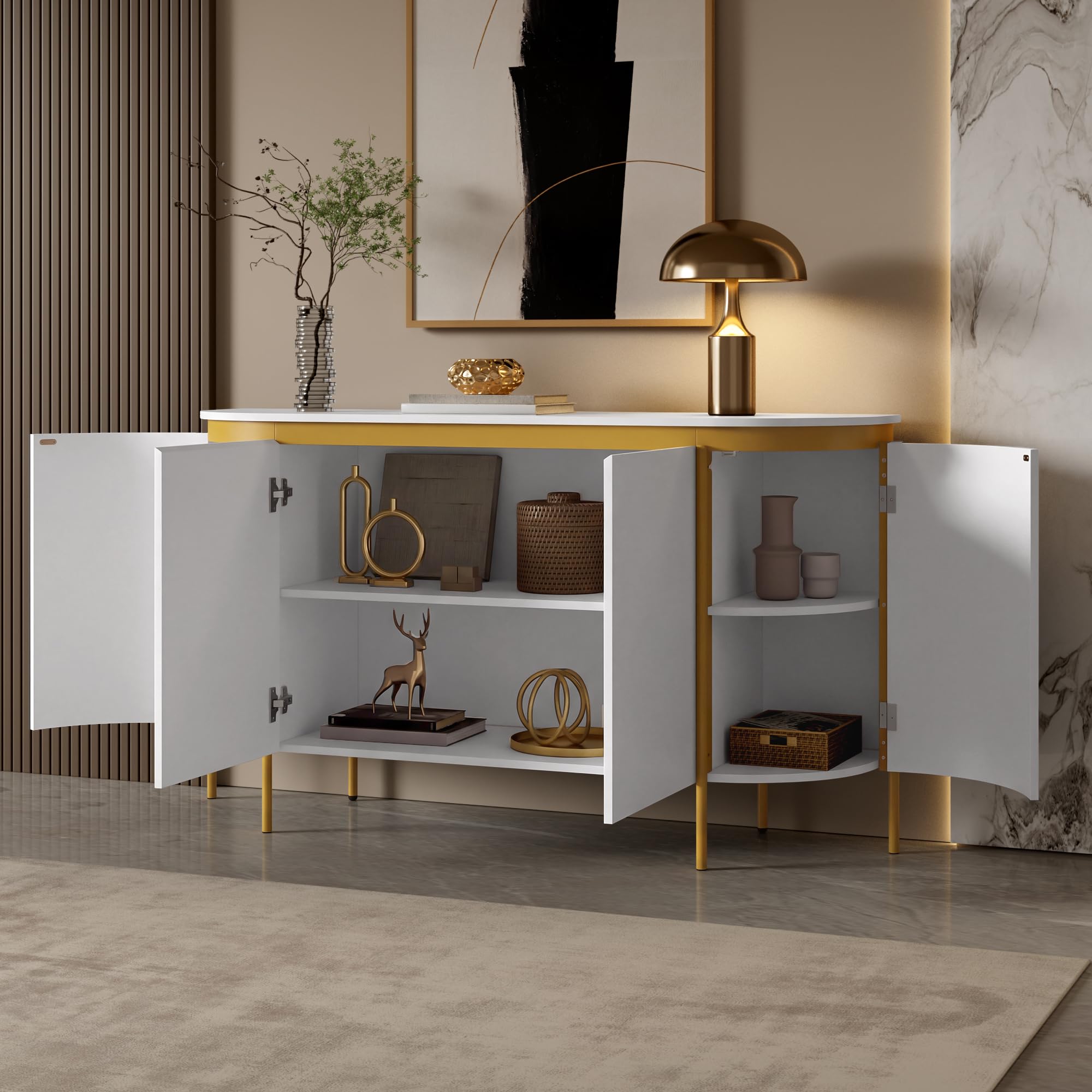 Credenza, piedini in ferro, 4 ante, ovale, con passacavi, 140 x 38 x 80 cm
