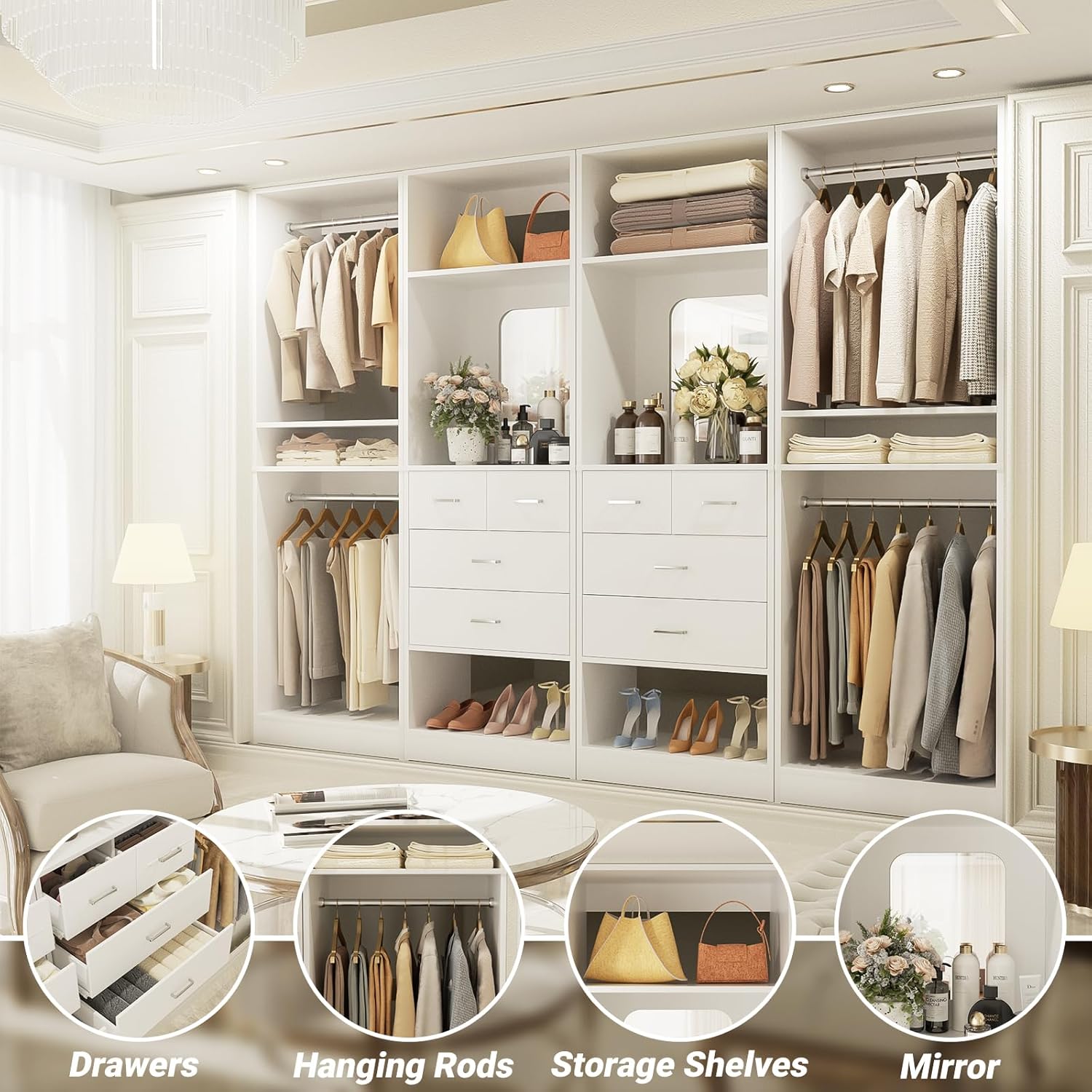 Unikito 100” Closet System with Drawers, 8.3FT Wood Closet Organizer with Hanging Rods and Mirror Design, Reversible Large Walk in Wardrobe Garment Rack with Shelves, Sturdy Closet Tower, White