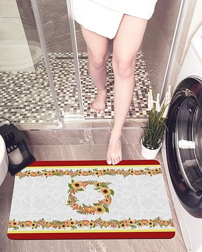 Bath Mat Non Slip Thanksgiving Pumpkins Sunflowers Wreath Quick Dry Bath Mat Indoor, Bathroom Floor Mat Rug for Bathtub,Shower, Fall Maple Leaf