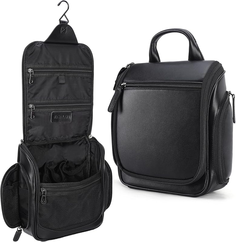 Necessaire masculina de viagem Masa Kawa em couro preto com gancho, grande