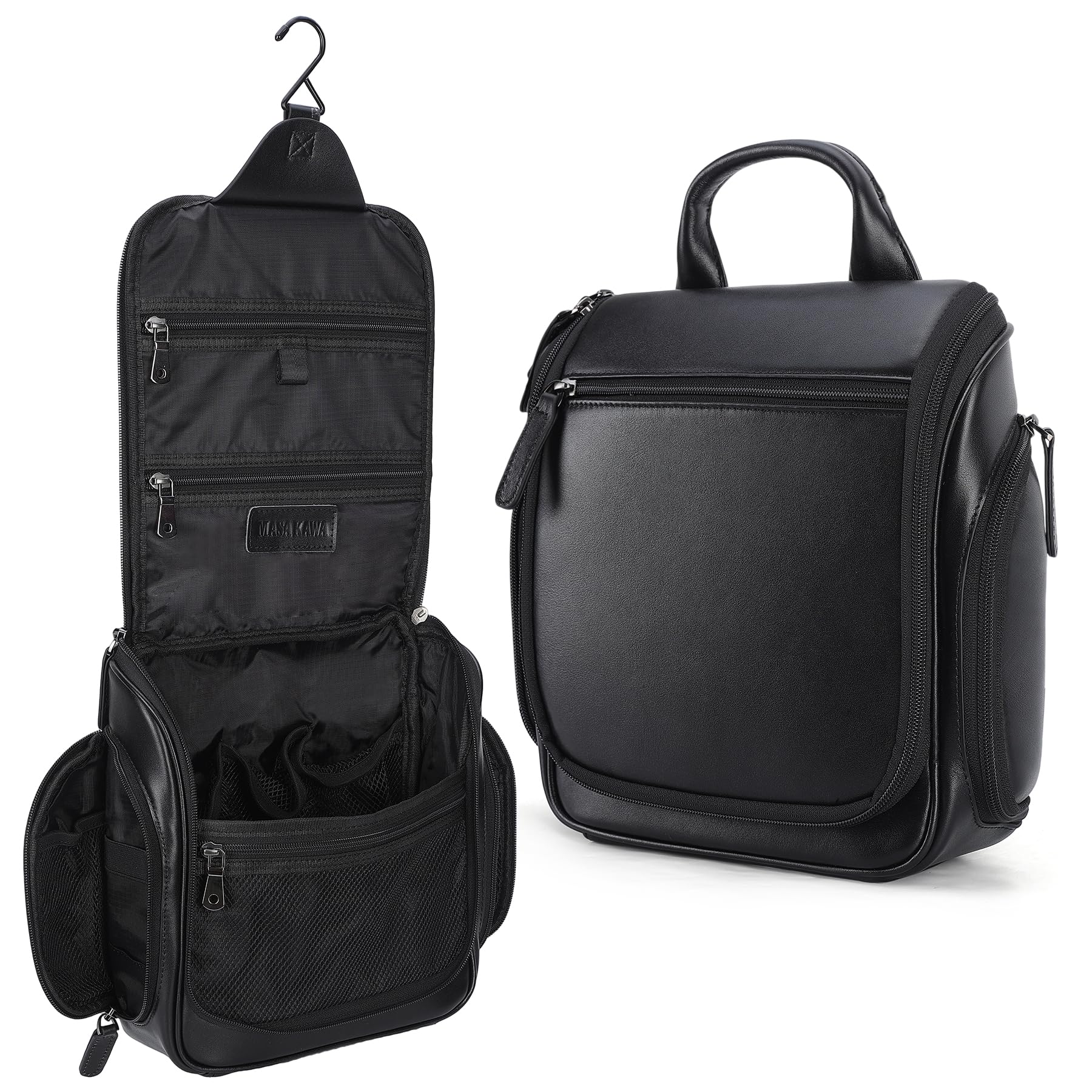 Masa Kawa Leather Hanging Travel Toiletry Bag for Men Portable Expandable Camping Cosmetics Makeup Toiletries Organizer Waterproof Bathroom Shaving