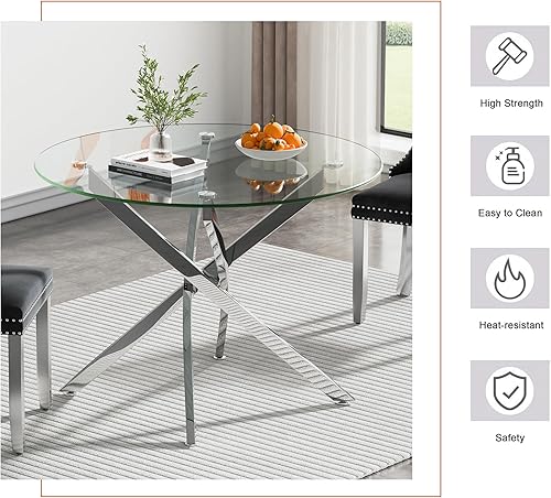 Miniatura 5 de Goujxcy Juego de mesa redonda de comedor de 5 piezas para 4, mesa de cocina moderna de cristal plateado y sillas para 4 con sillas tapizadas, juego