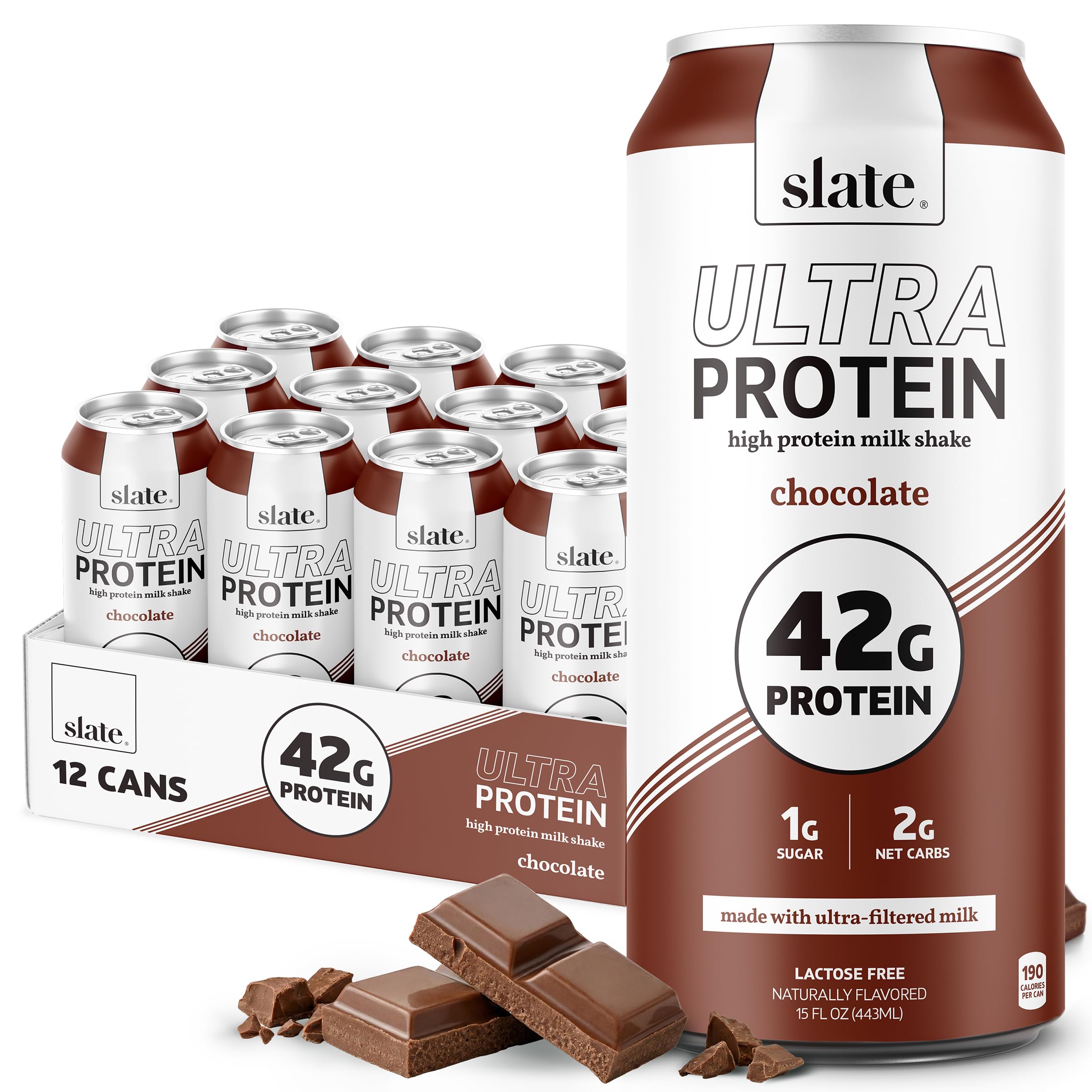 Milk - Ultra Protein Shake - Chocolate - 42g Protein, 1g Sugar, 190 Calories, 2g Net Carbs - Lactose Free, No Added Sugar - Made with Ultra Filtered Milk - Breakfast Boost, Post Workout - 15 fl oz, 12 Cans