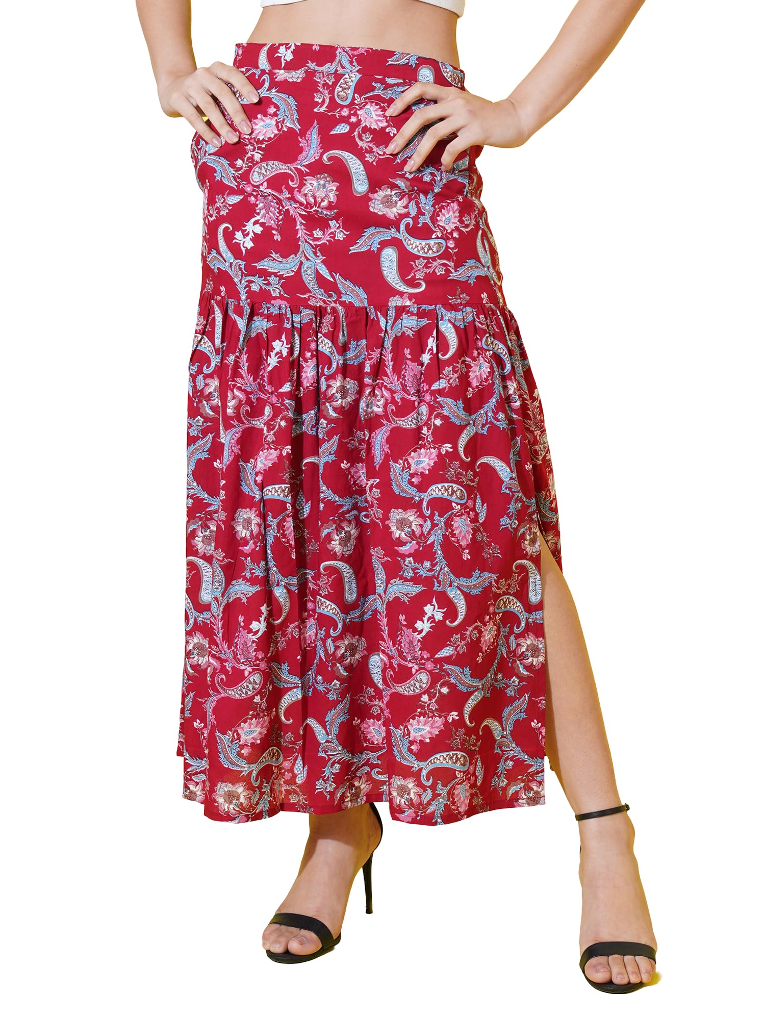 Midi Length Floral Print Skirt for Women and Girls, Skirt, Polly Cotton Red-image-43