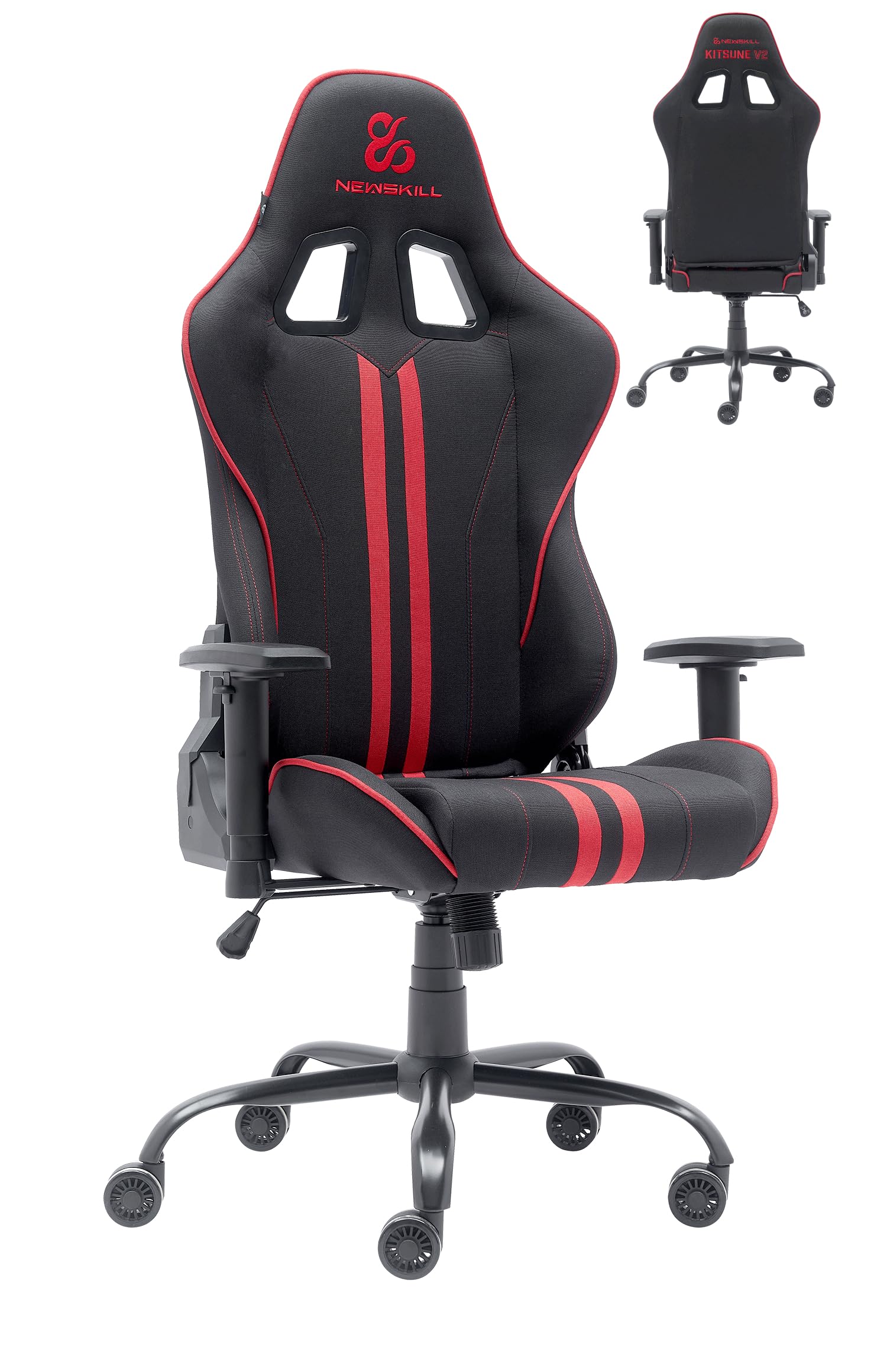 NEWSKILL KitsuneV2 - Silla Gaming ergonómica, Respaldo reclinable 180 Grados, reposabrazos 2D Ajustables, Cojines Lumbar y Cervical, Ruedas XL silenciosas, Tela Transpirable, Color Rojo