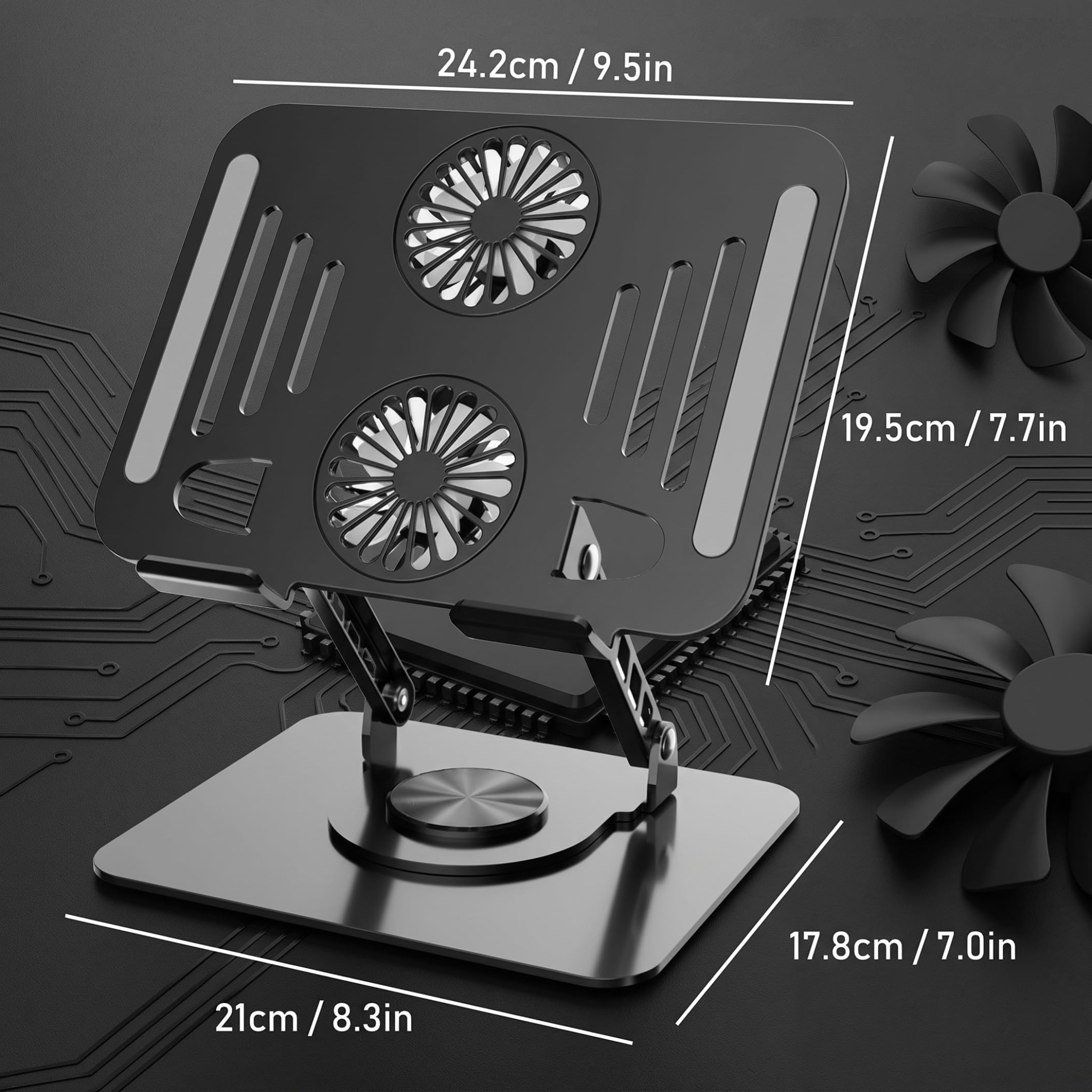 Supporto di raffreddamento per laptop con ventola, supporto di raffreddamento per laptop Dual Turbo – Riser in lega regolabile con rotazione a 360° per scrivania (nero)
