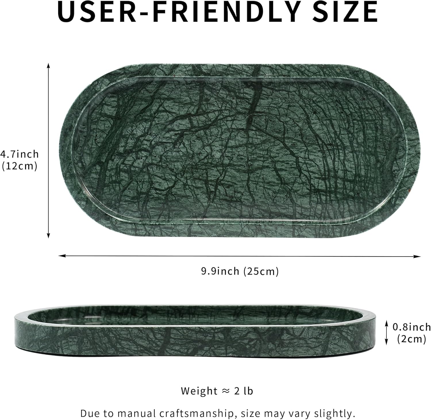 Green Marble Oval Tray - Stone Decorative Perfume Trinket Jewelry Dish, Catchall Organizer for Bathroom Vanity Dresser Kitchen Countertop Home Decor