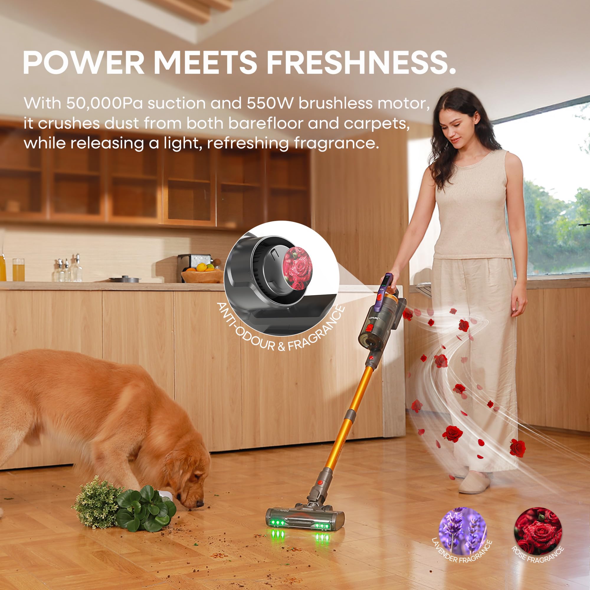 KIPMAX Aspirador Escoba Inalámbrico, para Suelos Duros, Alfombras, Animales y Coche, 550 W/50 KPa/70 Mins Aspirador Inalámbrico Potente, con Base de Carga y Almacenamiento, Perfumado, Cepillo