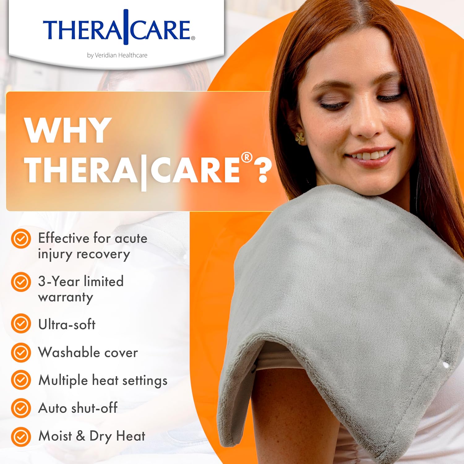 Woman using TheraCare heating pad on her shoulder, with a list of features