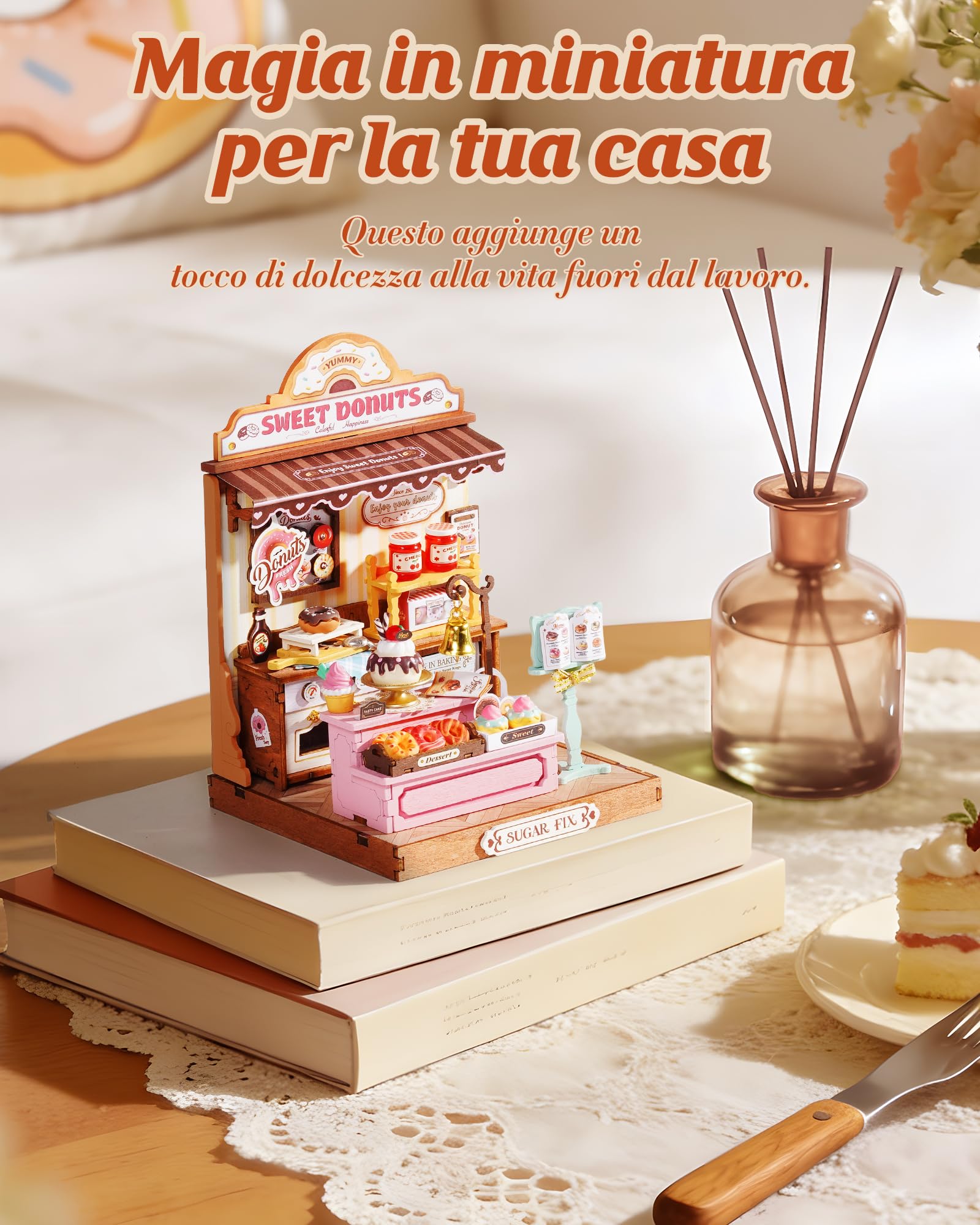 Rolife Miniature Casa Sweetie's Donut Shop, 141 pezzi Kit Casa in Miniatura DIY, Modellismo da Costruire Adulti Casa delle Bambole in Legno Puzzle 3D Nessun collante necessario