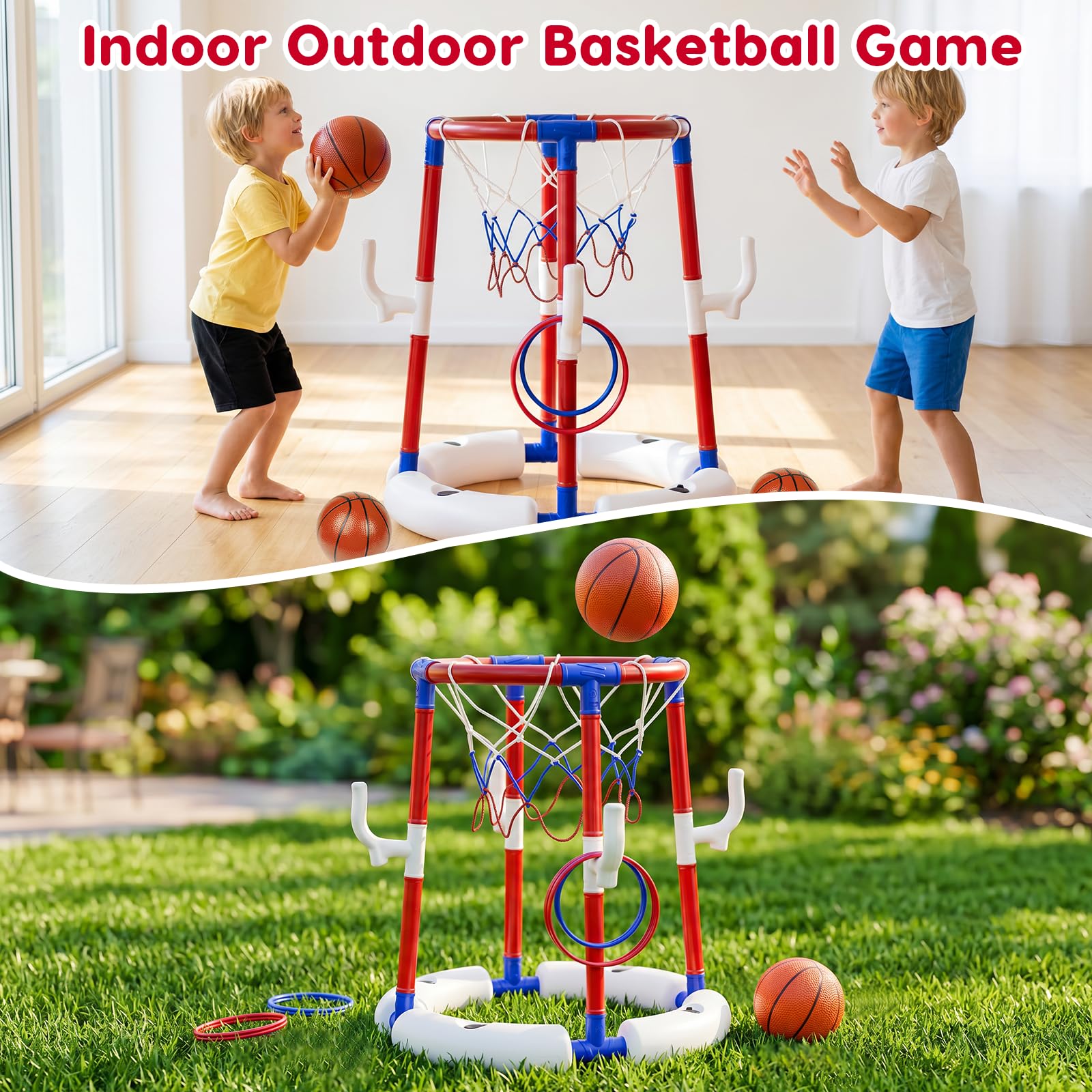Giocattoli da basket per piscina, cestino da basket galleggiante per piscina con 4 palline, 6 anelli e pompa, ideale per bambini e adulti per divertirsi in acqua