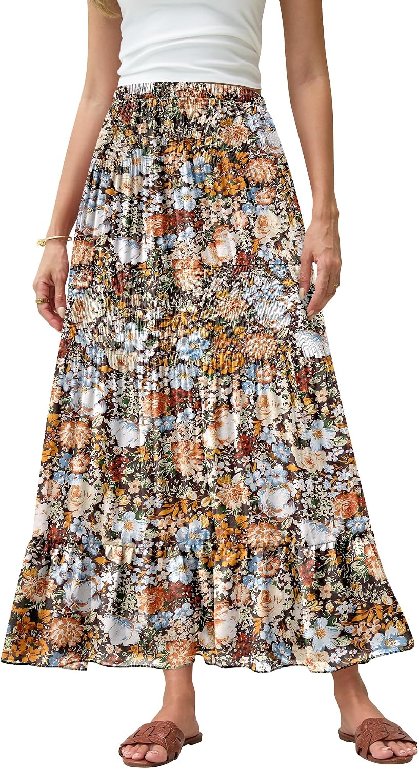 Flowy Boho Floral A Line Maxi Skirts for Women High Waisted Chiffon Ruffle Beach Long Skirt
