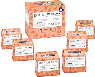Pura Size 1 Eco-Friendly Diapers, Hypoallergenic, Soft Organic Cotton Comfort, Sustainable, Wetness Indicator, Allergy UK, Newborn, Bulk Buy, 192 Diapers