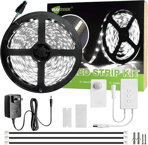 RAYZEEK Kit de tiras de luces LED inalámbricas activadas por movimiento, regulables de 19.7 pies y adaptador con certificación UL, interruptor de