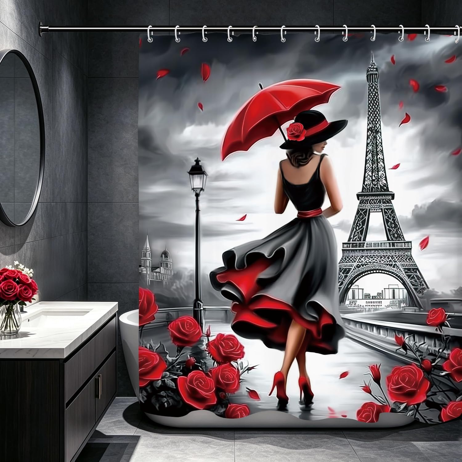 Black Red Paris Eiffel Tower Shower Curtain 60Wx71L, Elegant Lady Romantic Shower Curtains for Bathroom, Rose Scenery Shower Curtain Set 12 Pack Hooks image 2