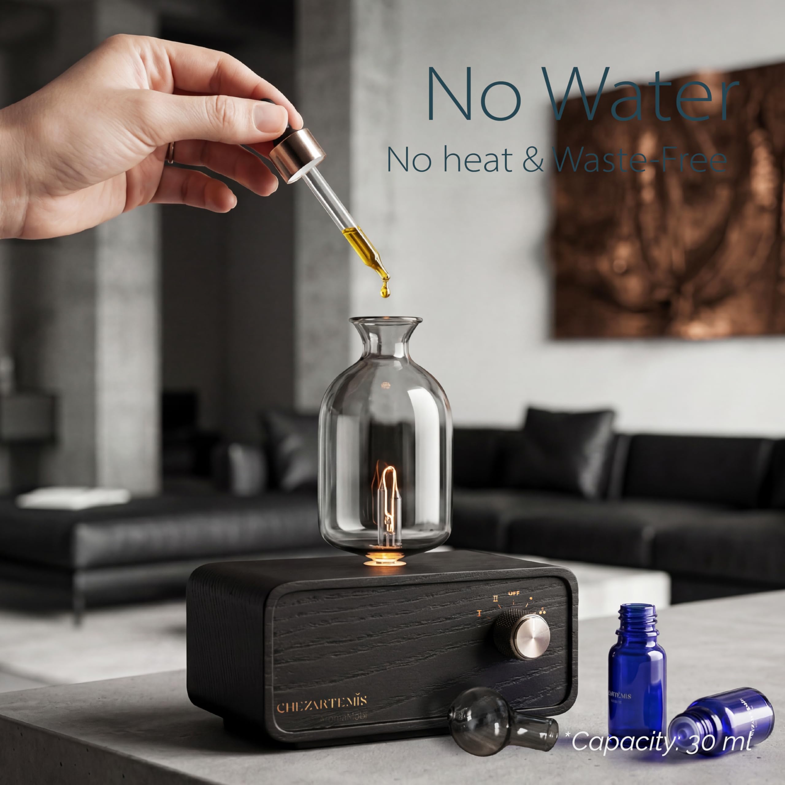 Nuit Diffusore di Oli Essenziali Senza Acqua, Nebulizzatore in Vetro Nero Ossidiana con Base in Legno Scuro, Diffusore Ricaricabile con 4 Timer & LED, per Ufficio Casa Yoga