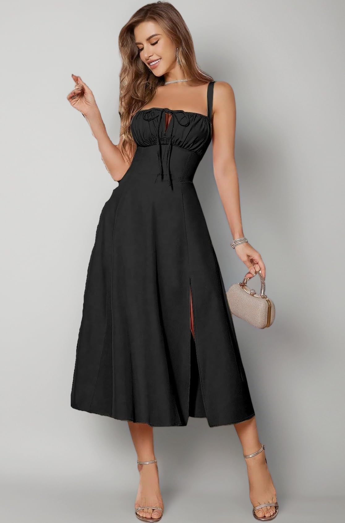 Solid Lace Up Backless Ruched Boning Spaghetti Strap Slim Fit Long Cami Dress for Women's & Girl's
