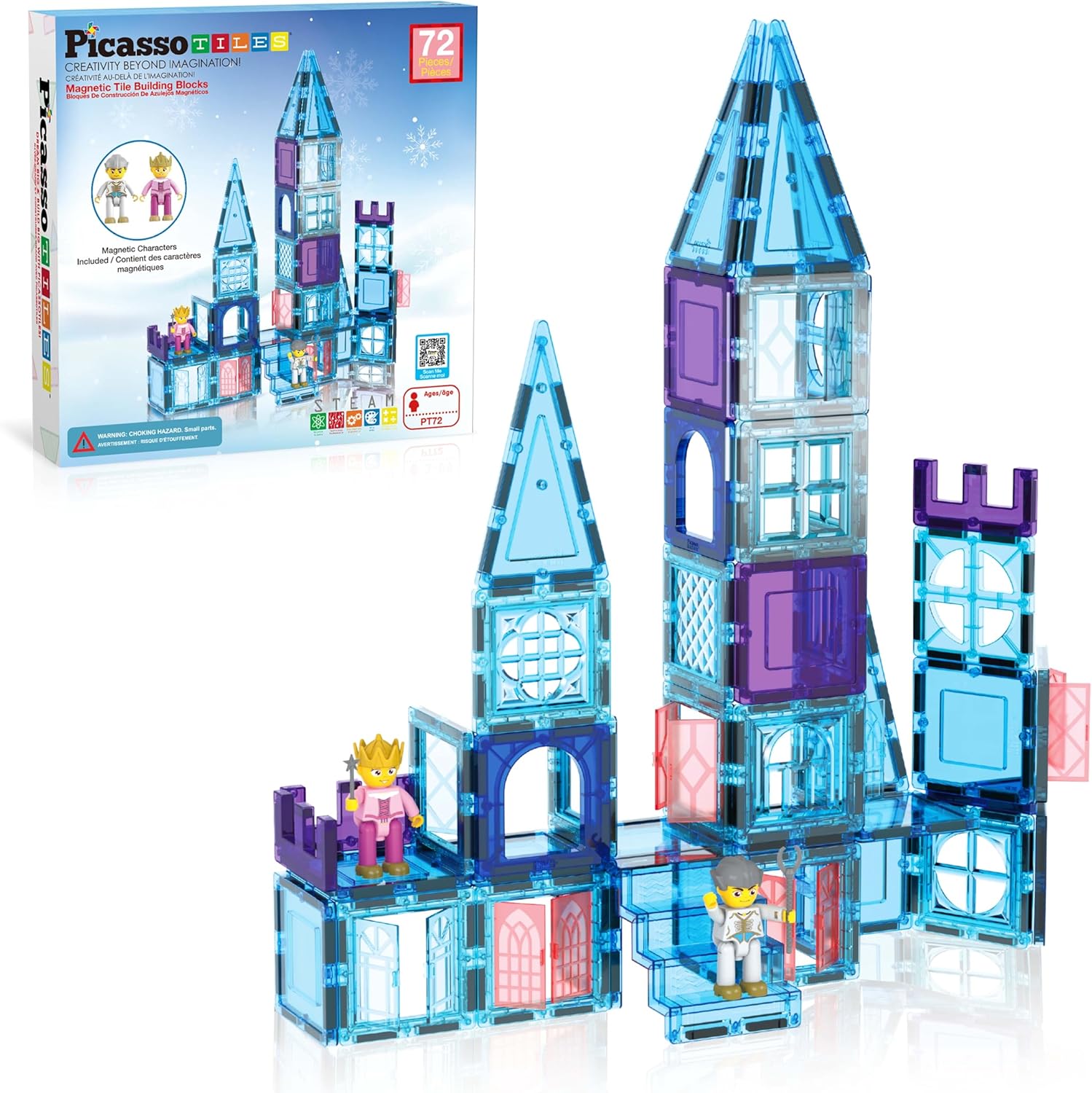 PicassoTiles 72 Piece Magnetic Building Tiles Castle Winter Ice Theme Construction Magnet Block Set with Princess Prince Character Stairs Windows Doors STEM Learning Educational Toy Kids Ages 3+ PT72