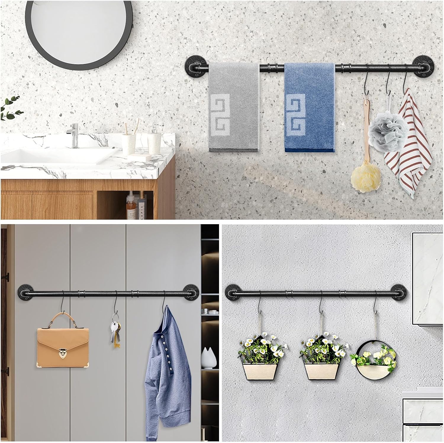 NearMoon Industrial Pipe Towel Bar, Heavy Duty Bathroom Hardware Towel Holder Accessory, Wall Mounted DIY Rustic Iron Bathroom Towel Rack Holder (50 Inch, Black)
