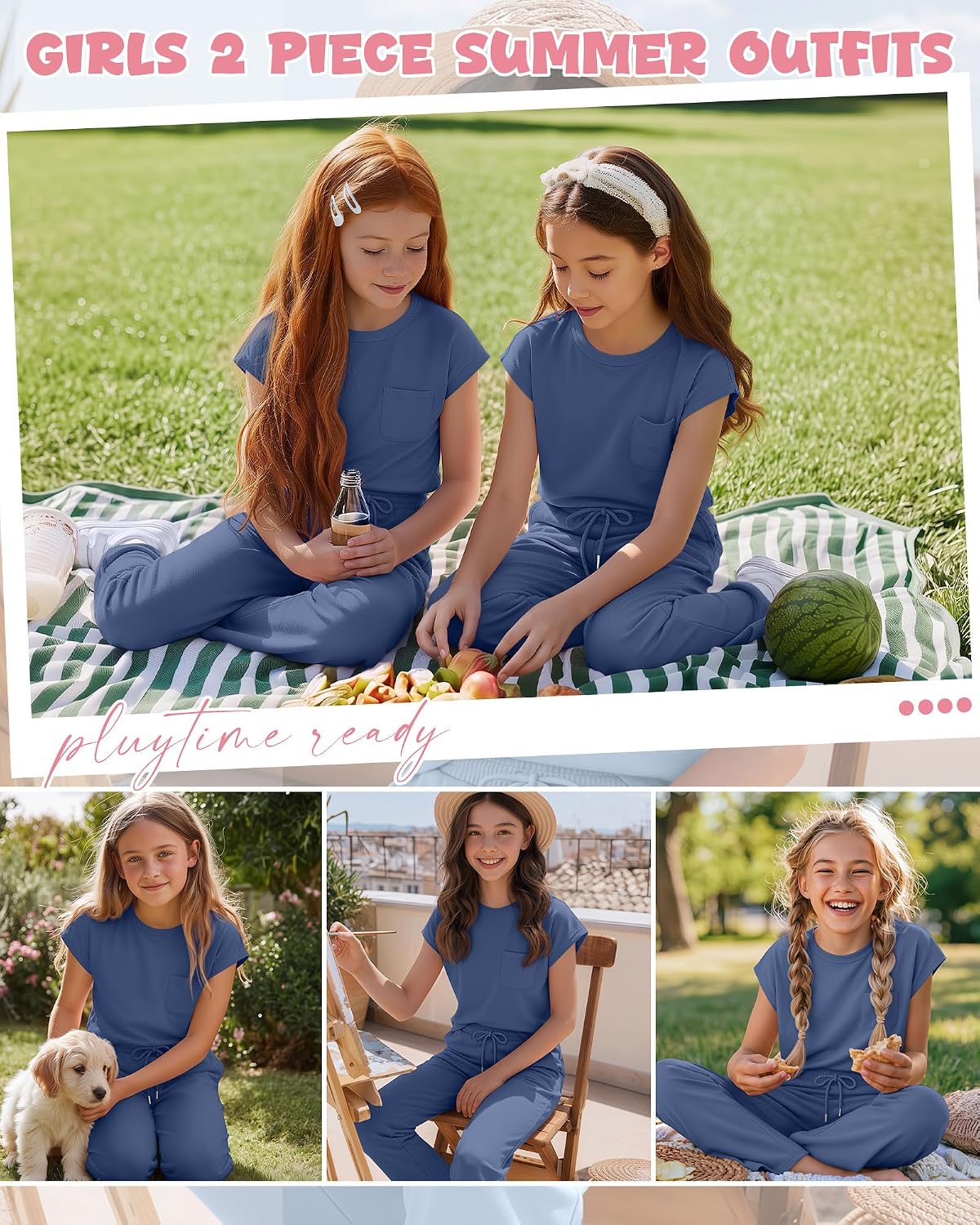 Girls 2 Piece Outfits Sets Short Cap Sleeve Crewneck Top Wide Leg Drawstring Casual Pants Sets Travel Clothes 5-14Y