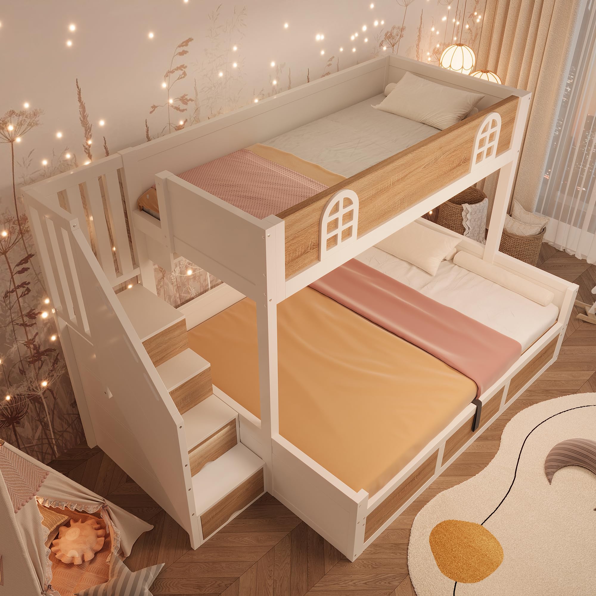 Lit Superposé 90x200 avec Armoire Intégrée Lit Rangement Structure en Bois Sommier avec Angles Arrondis avec Relevage Hydraulique avec Barrière de Sécurité avec Échelle Invités
