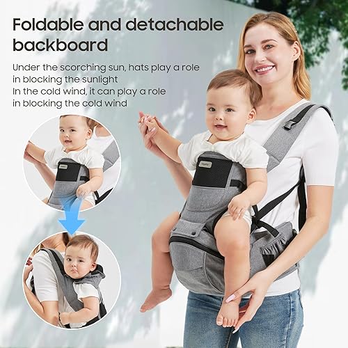 Miniatura 4 de Portabebés con asiento de cadera, transporte orientado hacia adelante 2 en 1 para bebés activos, portabebés desmontable manos libres de hasta 44