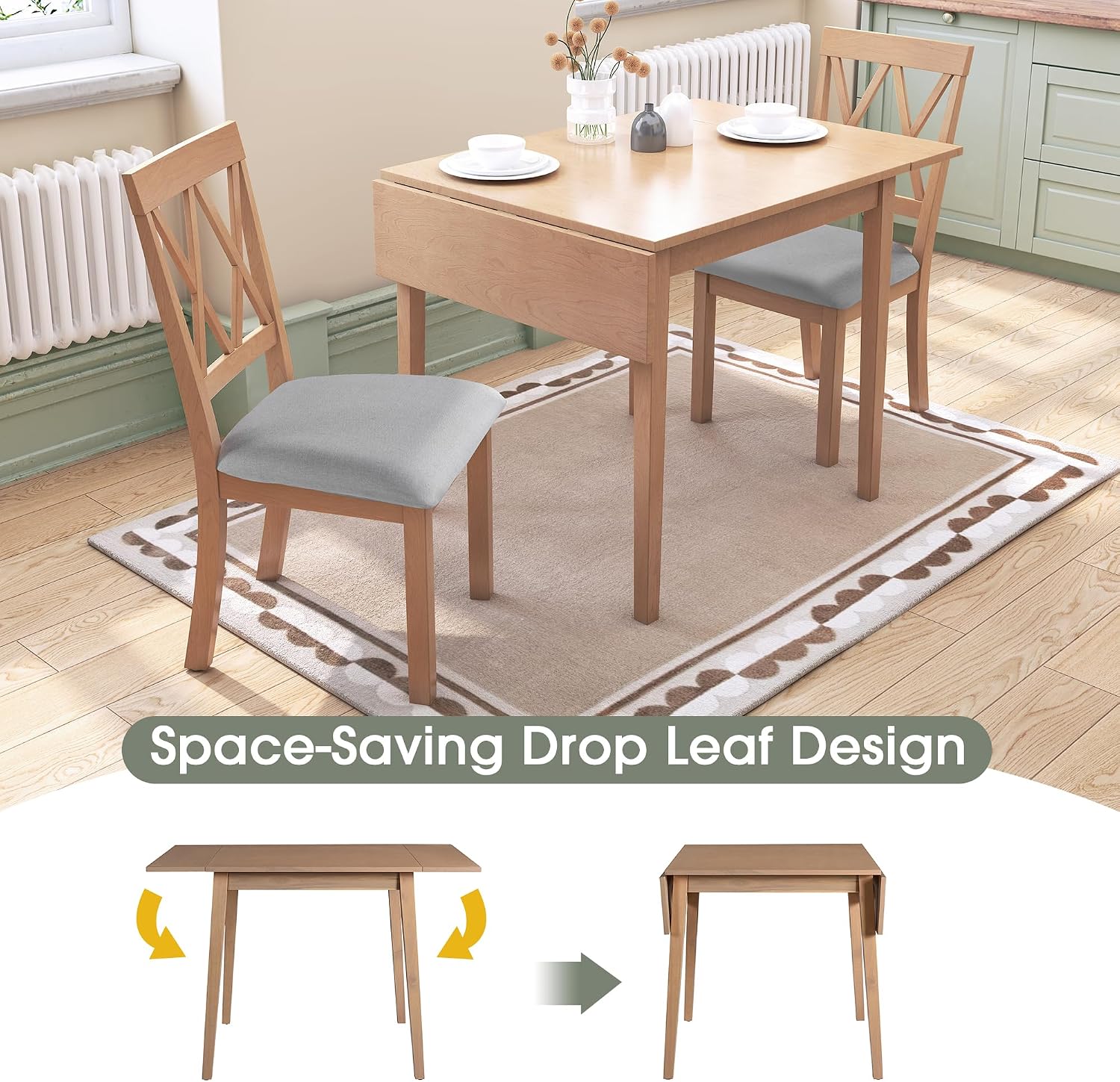 Bellemave Solid Wood Dining Table, Extendable Drop Leaf Design, Retro Style Wooden Dining Table for Small Spaces, Kitchen, Dining Room, Natural