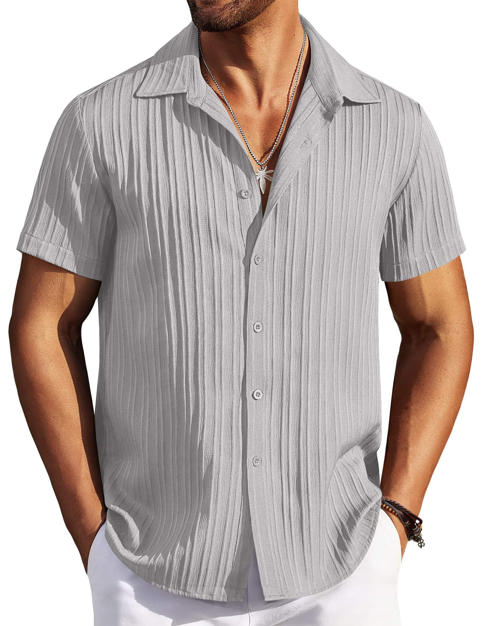 COOFANDY Men's Casual Button Down Shirts Short Sleeve Textured Summer Beach Shirts Light Grey Medium