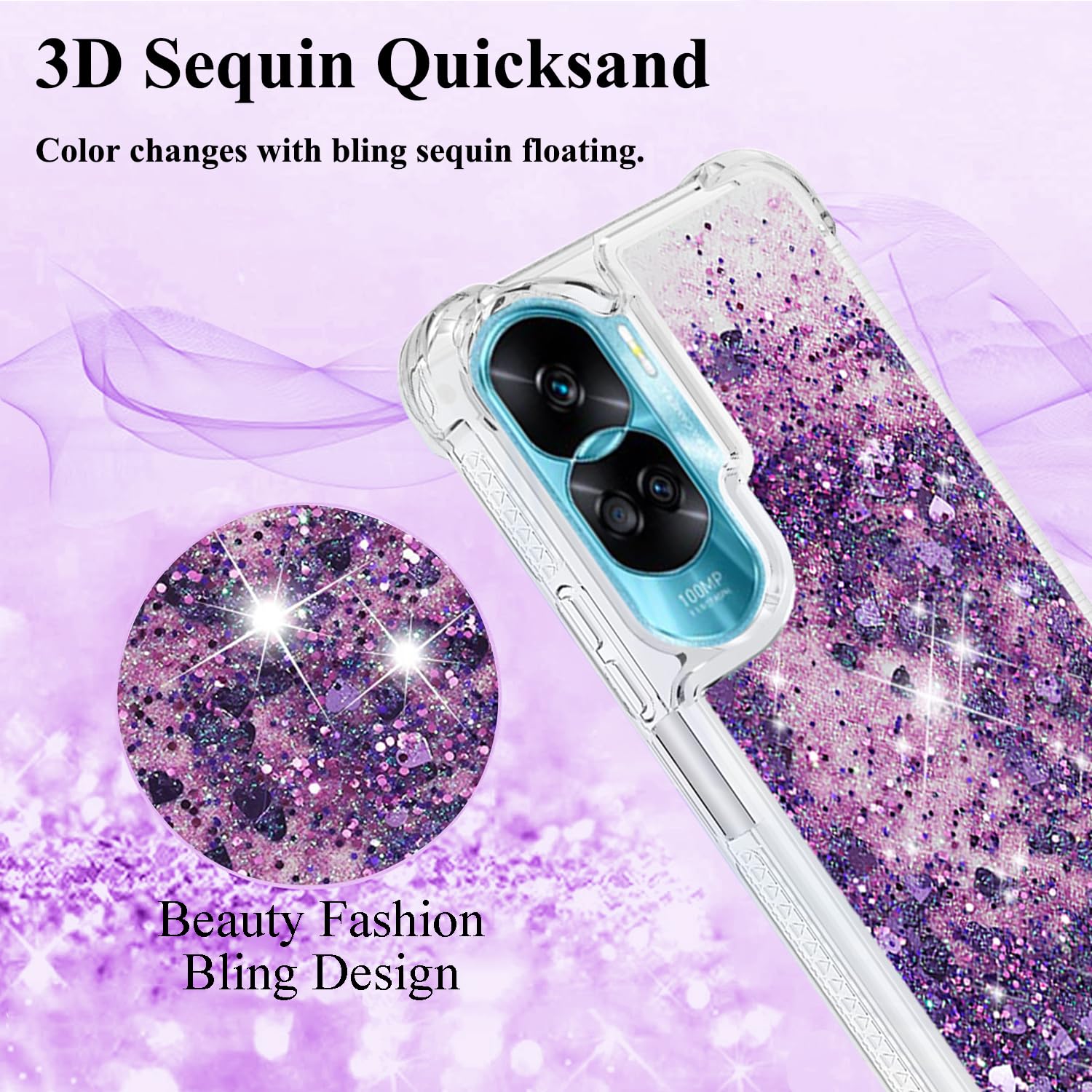 Custodia Per Honor 90 Lite 5G Con Effetto Glitter - Cover In Silicone Trasparente Morbida | Regalo Per Donne, Colori Rosa, Nero, Verde, Viola