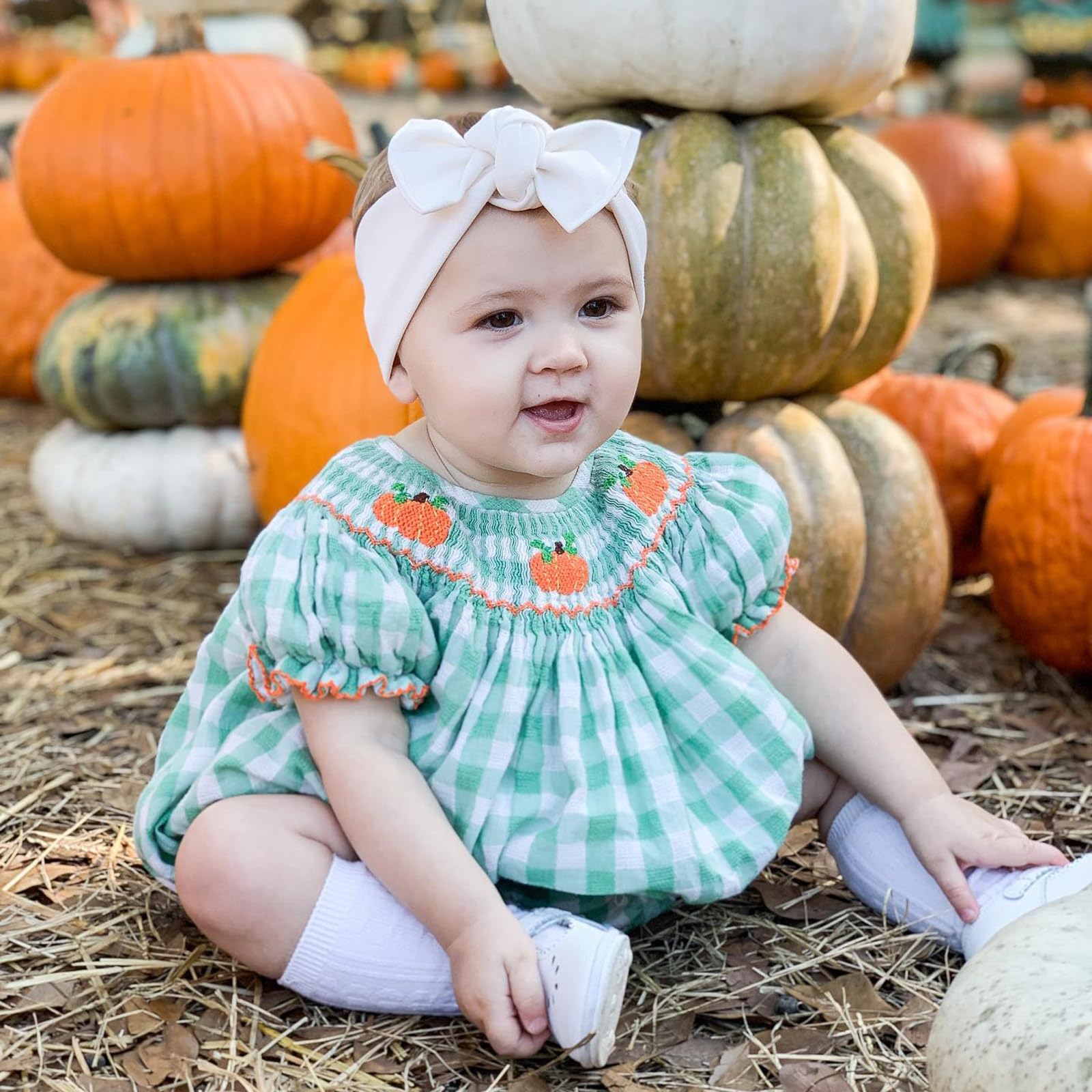 Ayalinggo Newborn Baby Girl Smocked Pumpkin Outfit Infant Plaid Bubble Romper Embroidery Halloween Thanksgiving Fall Clothes (Green, 0-3 Months)