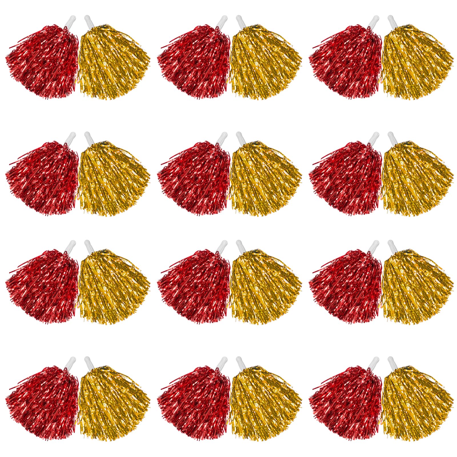 DILIBRA 24 Pcs Metallic Cheerleading Pom Poms with Baton Handle (Red+Gold)