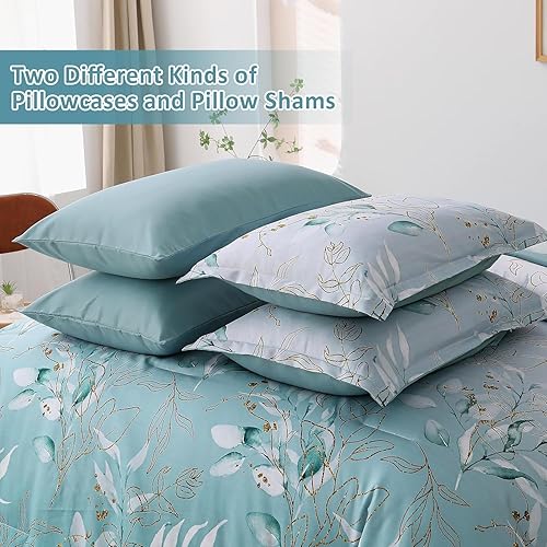 Miniatura 5 de WONGS BEDDING - Juego de edredón tamaño queen, 7 piezas, hojas doradas degradadas botánicas en color agua, cama en una bolsa, de microfibra suave (1