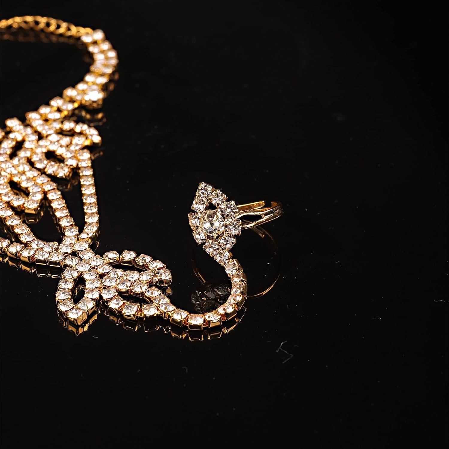 YERTTER Dainty Lotus Flower Rhinestone Crystal Hand Chain & Bracelet - Silver & Gold Finger Chain Link Bangle for Wedding Brides (Style 8) - Image 5