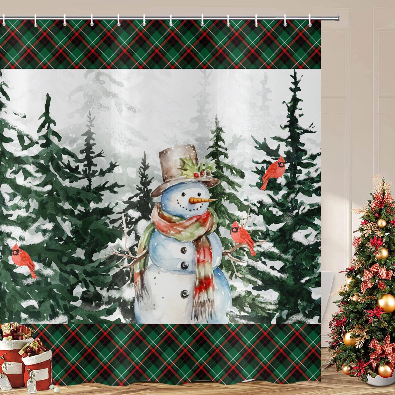 ASDCXZ Christmas Shower Curtain 165x180 cm, Cute Snowman Christmas Tree Red Green Black Square Washable Bathroom Shower Curtains Polyester Textile Waterproof Shower Curtain for Bathtub with 12 Hooks