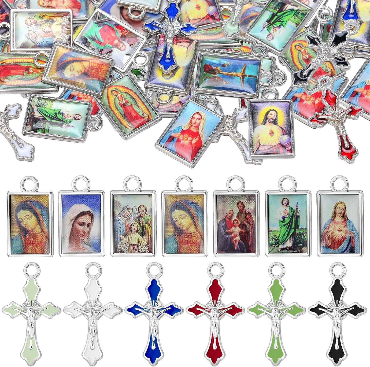 100 Pcs Rosary Making Kits Supplies Cross and Center Medal Charm Alloy Picture Religious Charms Crucifix Pendant for DIY Jewelry Making Prayer Bracelet Necklace Earring (Virgin Mary)