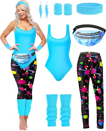 Hercicy 7-Pc Halloween Women's 80s/90s Workout Outfit for Cosplay Party