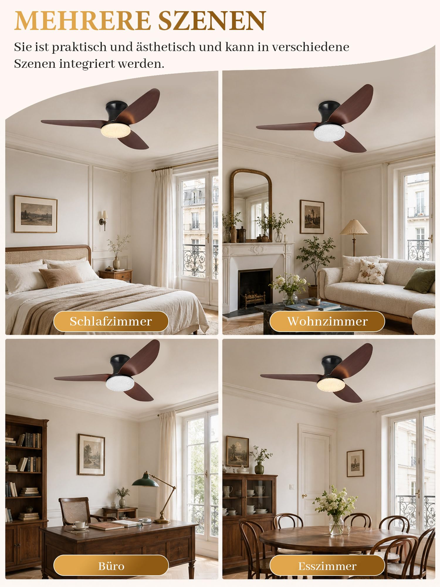 Deckenventilator mit Beleuchtung Leise, Kristalloptik, 100 cm, Reversibler DC-Motor, Dimmbare LED-Lampe mit Ventilator, App und Fernbedienung, 6 Gang, Timer, für Schlaf- und Wohnzimmer