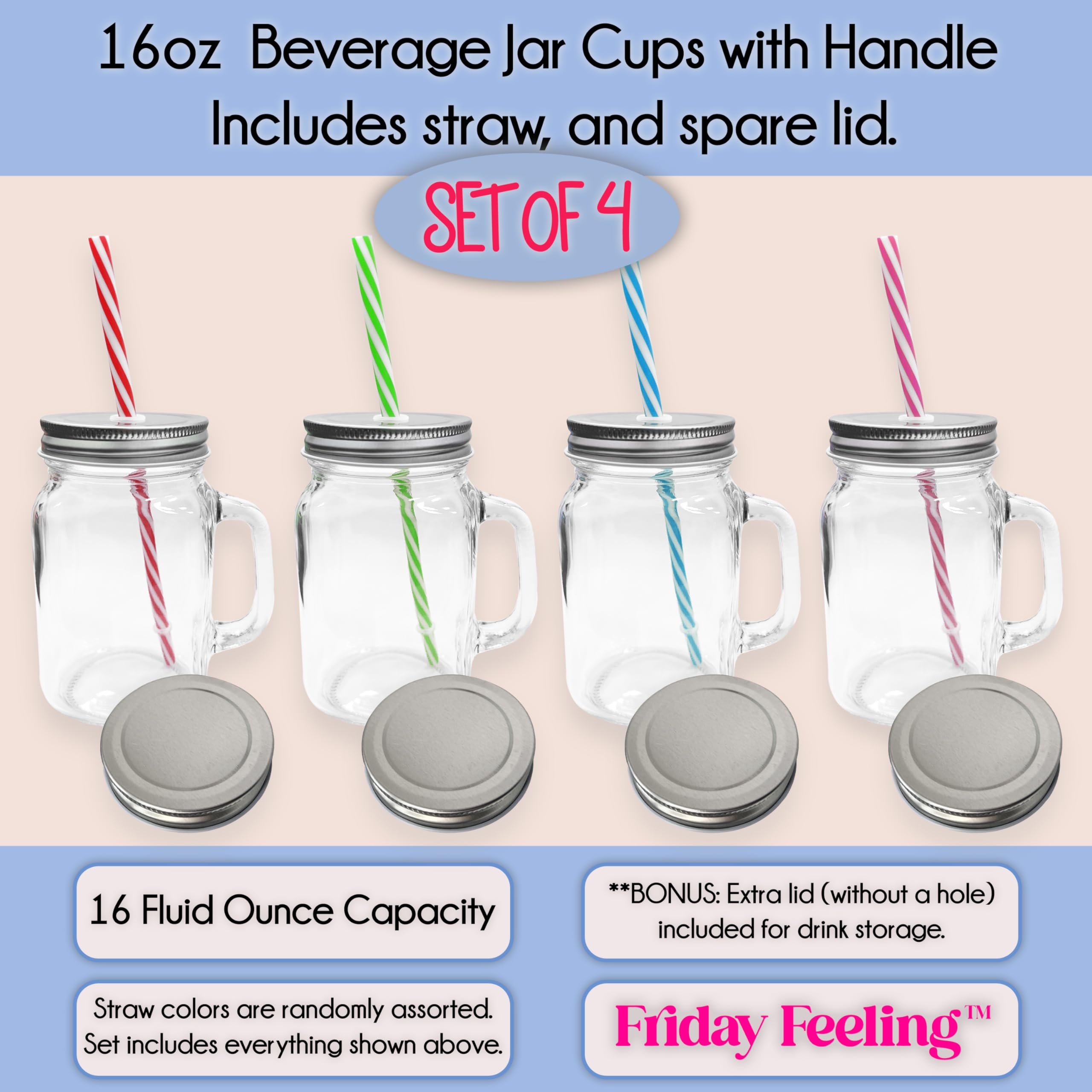 Friday Feeling 16oz Glass Mason Jar Mug with Handle, Metal Lid and Striped Straw, Beverage Container (4)