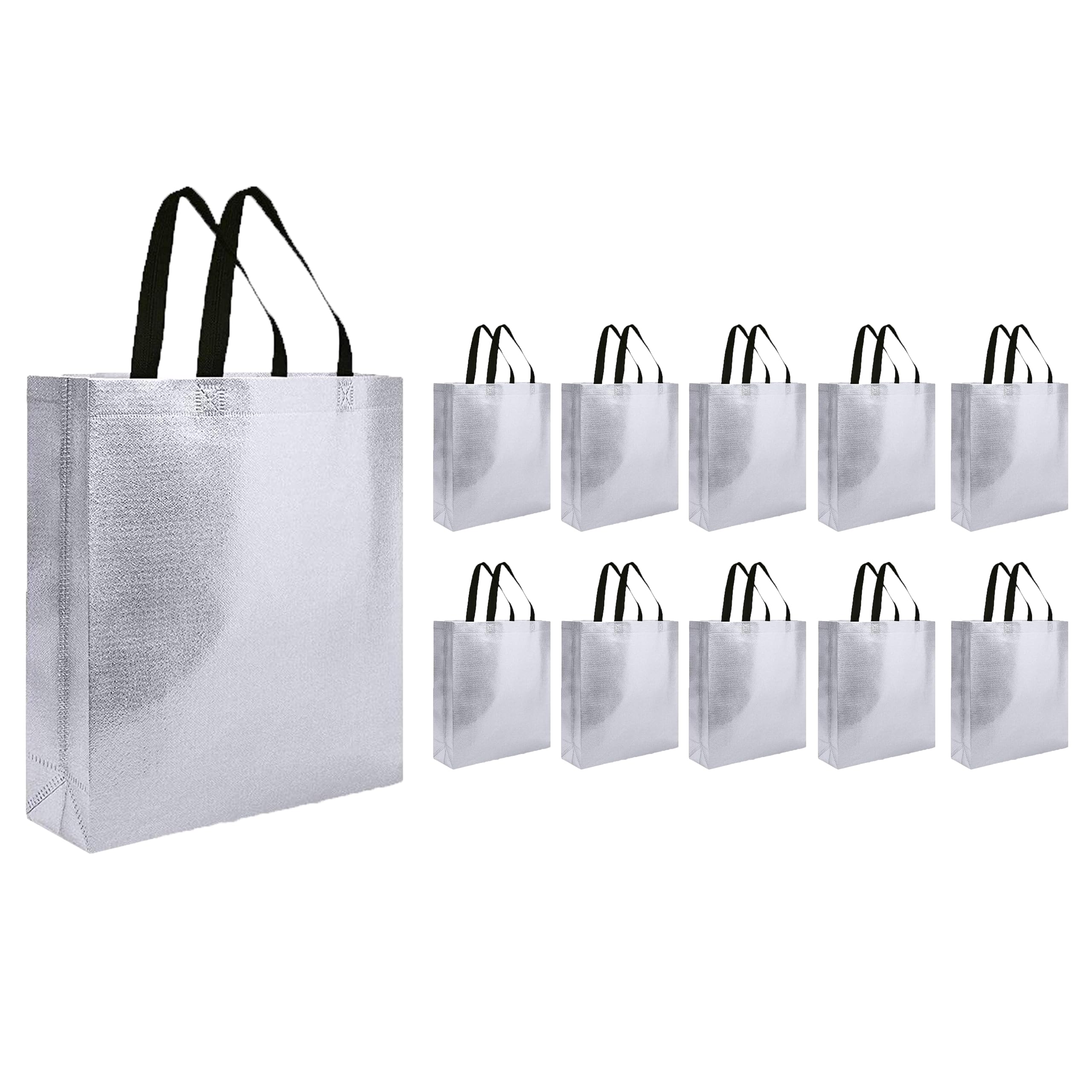 Evafly Gift Bag Medium Size Pack of 10 : L13 x W12 x D4 inch|Resuable Non-Woven Shiny Metallic Laminated|Return Gift For Haldi/Wedding Favours/Baby Shower/Birthday - Silver