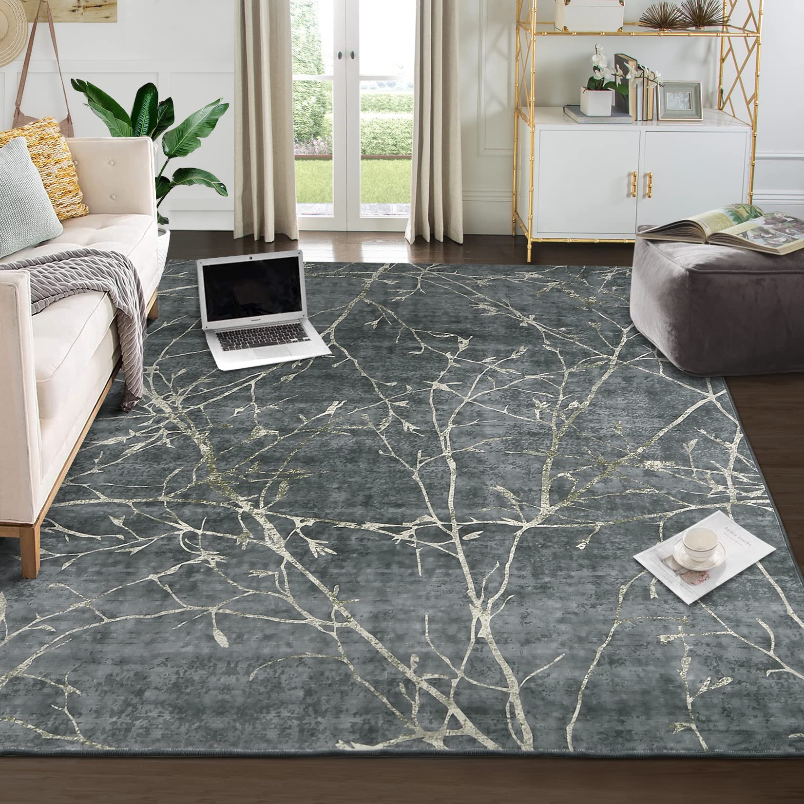 area rug 8x10 machine washable rugs vintage floral plant living room rug large area rug with non-slip backing for living room bedroom interior office 8×10ft grey