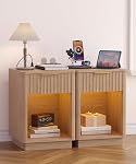 Akxomel Fluted Nightstands Set of 2, Wooden Night Stand with Charging Station and LED Light, Modern Mid Century End Table with Drawer, 40 x 38 x 57.5 cm, for Bedroom, Natural Oak